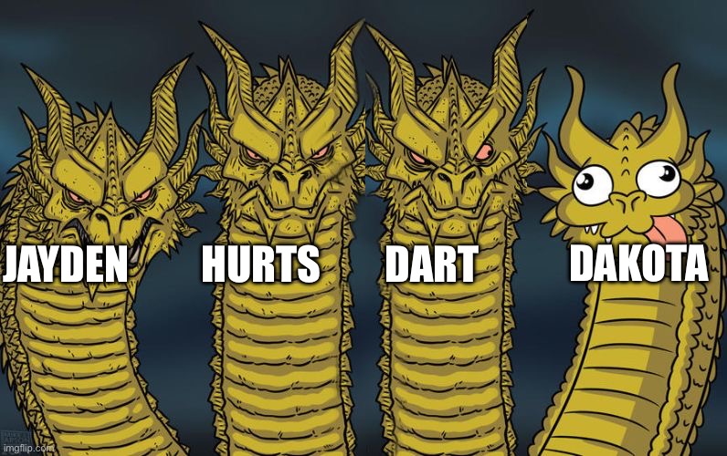 4 dragons | DAKOTA; JAYDEN         HURTS        DART | image tagged in 4 dragons | made w/ Imgflip meme maker