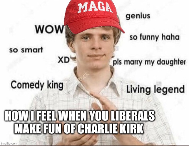 wow genius so smart so funny | HOW I FEEL WHEN YOU LIBERALS MAKE FUN OF CHARLIE KIRK | image tagged in wow genius so smart so funny,funny,bruh | made w/ Imgflip meme maker