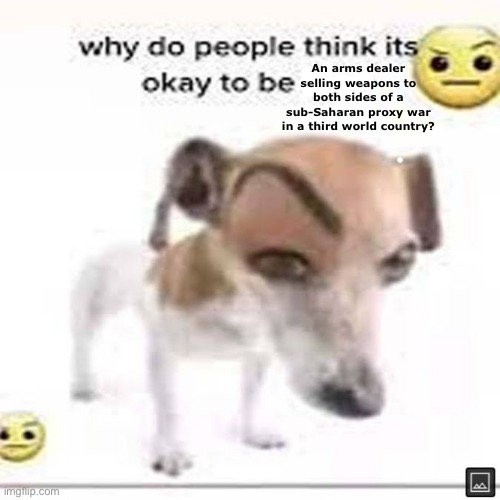 . | An arms dealer selling weapons to both sides of a sub-Saharan proxy war in a third world country? | image tagged in why do people think it's okay to be x | made w/ Imgflip meme maker