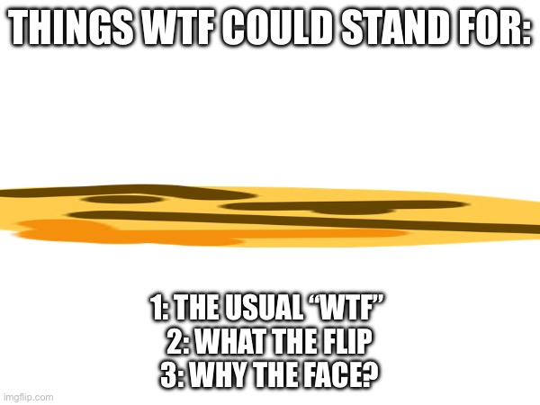Yeah | THINGS WTF COULD STAND FOR:; 1: THE USUAL “WTF” 
2: WHAT THE FLIP
3: WHY THE FACE? | image tagged in funny | made w/ Imgflip meme maker