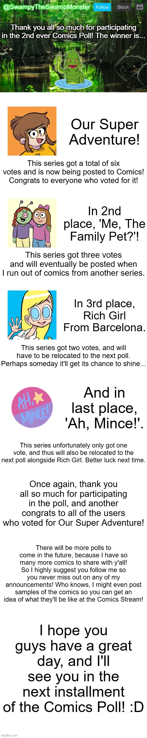 Once again, I had fun hosting, and I hope you had fun voting! Check out the winning series at Comics! | Thank you all so much for participating in the 2nd ever Comics Poll! The winner is... Our Super Adventure! This series got a total of six votes and is now being posted to Comics! Congrats to everyone who voted for it! In 2nd place, 'Me, The Family Pet?'! This series got three votes and will eventually be posted when I run out of comics from another series. In 3rd place, Rich Girl From Barcelona. This series got two votes, and will have to be relocated to the next poll. Perhaps someday it'll get its chance to shine... And in last place, 'Ah, Mince!'. This series unfortunately only got one vote, and thus will also be relocated to the next poll alongside Rich Girl. Better luck next time. Once again, thank you all so much for participating in the poll, and another congrats to all of the users who voted for Our Super Adventure! There will be more polls to come in the future, because I have so many more comics to share with y'all! So I highly suggest you follow me so you never miss out on any of my announcements! Who knows, I might even post samples of the comics so you can get an idea of what they'll be like at the Comics Stream! I hope you guys have a great day, and I'll see you in the next installment of the Comics Poll! :D | image tagged in swampytheswampmonster announcement template | made w/ Imgflip meme maker