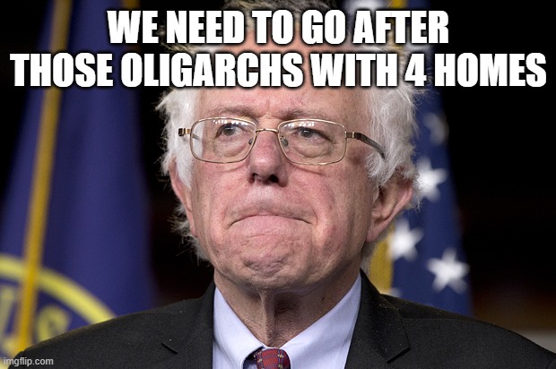 Bernie Sanders | WE NEED TO GO AFTER THOSE OLIGARCHS WITH 4 HOMES | image tagged in bernie sanders | made w/ Imgflip meme maker
