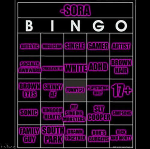 -Sora- bingo | image tagged in -sora- bingo | made w/ Imgflip meme maker