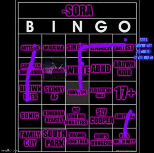 -Sora- bingo | SORA YOU'RE NOT AN ARTIST IF YOU USE AI | image tagged in -sora- bingo | made w/ Imgflip meme maker