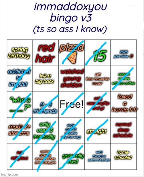 3th bingo before sleep | image tagged in immaddoxyou bingo v3 | made w/ Imgflip meme maker