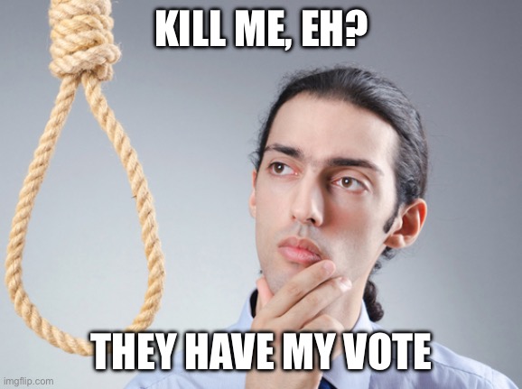 noose | KILL ME, EH? THEY HAVE MY VOTE | image tagged in noose | made w/ Imgflip meme maker