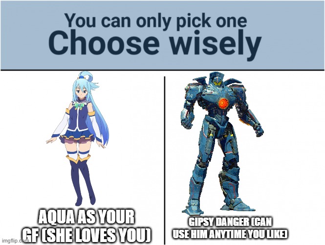 choose wisly | AQUA AS YOUR GF (SHE LOVES YOU); GIPSY DANGER (CAN USE HIM ANYTIME YOU LIKE) | image tagged in you can pick only one choose wisely,konosuba | made w/ Imgflip meme maker