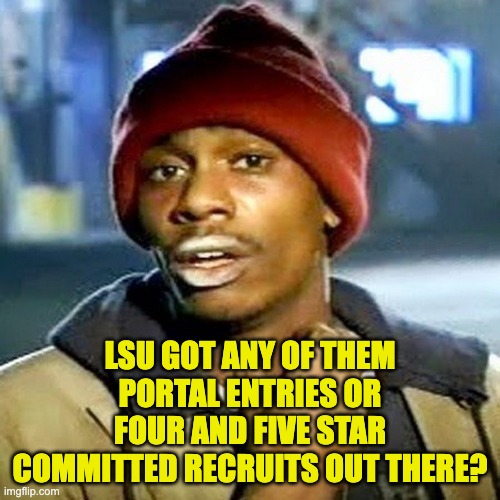 LSU GOT ANY OF THEM PORTAL ENTRIES OR FOUR AND FIVE STAR COMMITTED RECRUITS OUT THERE? | image tagged in lsu | made w/ Imgflip meme maker