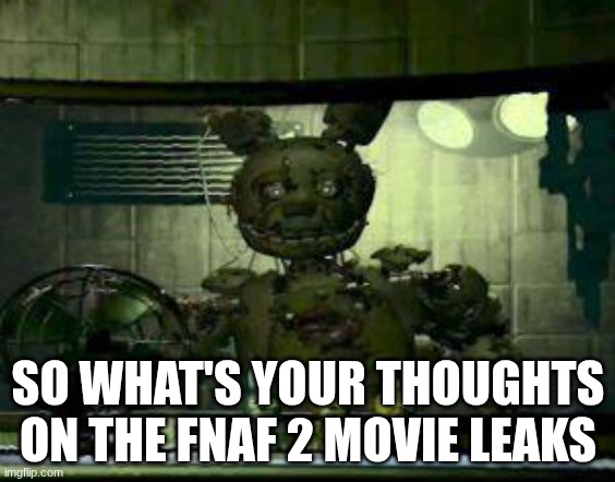 so y'all what are your youghts | SO WHAT'S YOUR THOUGHTS ON THE FNAF 2 MOVIE LEAKS | image tagged in fnaf springtrap in window | made w/ Imgflip meme maker