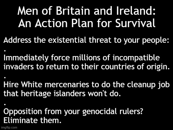 ATTENTION Men of Britain and Ireland: An Action Plan for Survival | Men of Britain and Ireland:
An Action Plan for Survival; Address the existential threat to your people:
.
Immediately force millions of incompatible
invaders to return to their countries of origin.
.
Hire White mercenaries to do the cleanup job
that heritage islanders won't do.
.
Opposition from your genocidal rulers?
Eliminate them. | image tagged in british,britain,ireland,immigration,invasion,deportation | made w/ Imgflip meme maker