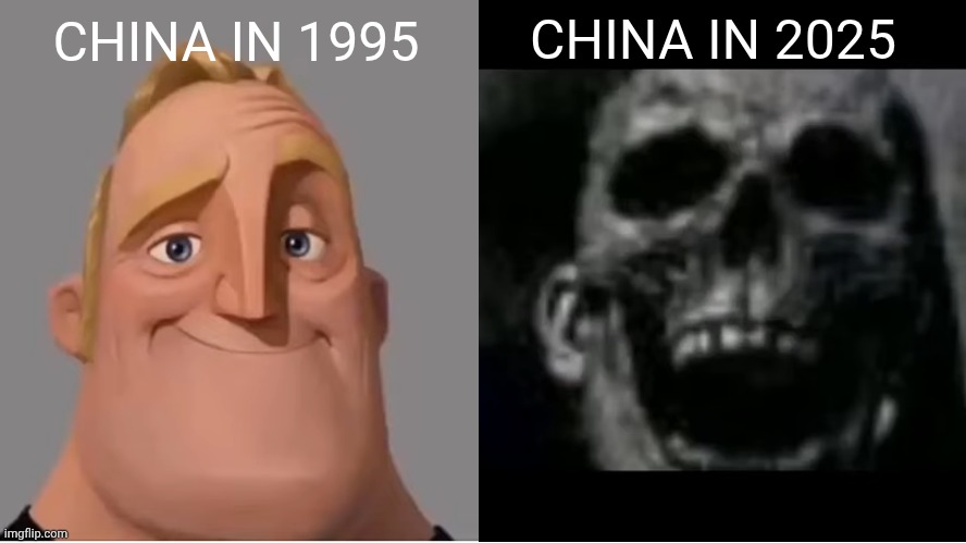 Chinese people are suffering nowadays | CHINA IN 2025; CHINA IN 1995 | image tagged in mr incredible becoming uncanny small size version,china | made w/ Imgflip meme maker