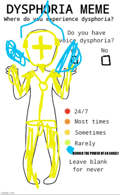 im sorry i had to | BEHOLD THE POWER OF AN ANGEL! | image tagged in dysphoria temp,ultrakill | made w/ Imgflip meme maker