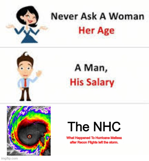 Hurricane Melissa Meme | The NHC; What Happened To Hurricane Melissa after Recon Flights left the storm. | image tagged in never ask a woman her age | made w/ Imgflip meme maker