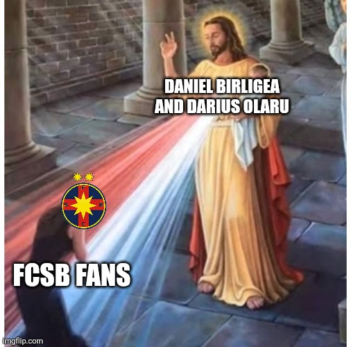 FCSB - UTA 3-0. the old Steaua Bucuresti is back again <3 | DANIEL BIRLIGEA AND DARIUS OLARU; FCSB FANS | image tagged in jesus blessing from the heart,fcsb,steaua,superliga,sports,memes | made w/ Imgflip meme maker