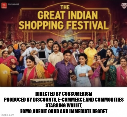 DIRECTED BY CONSUMERISM
PRODUCED BY DISCOUNTS, E-COMMERCE AND COMMODITIES
STARRING WALLET, FOMO,CREDIT CARD AND IMMEDIATE REGRET | image tagged in economics | made w/ Imgflip meme maker