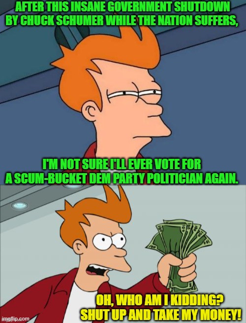 The 'thought-cycle' of the average Dem Party voter. | AFTER THIS INSANE GOVERNMENT SHUTDOWN BY CHUCK SCHUMER WHILE THE NATION SUFFERS, I'M NOT SURE I'LL EVER VOTE FOR A SCUM-BUCKET DEM PARTY POLITICIAN AGAIN. OH, WHO AM I KIDDING?  SHUT UP AND TAKE MY MONEY! | image tagged in not sure if- fry | made w/ Imgflip meme maker