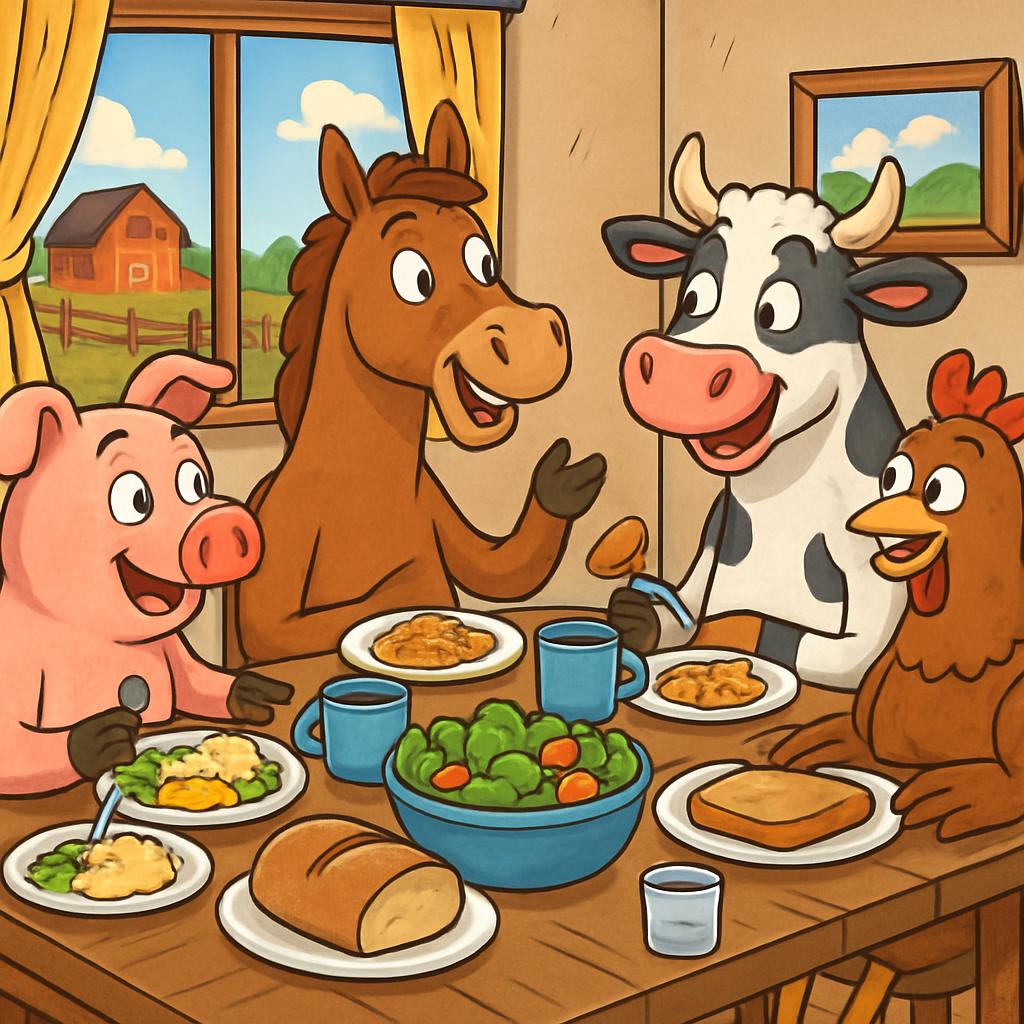 farm animals eating dinner and having a conversation like humans Blank Meme Template