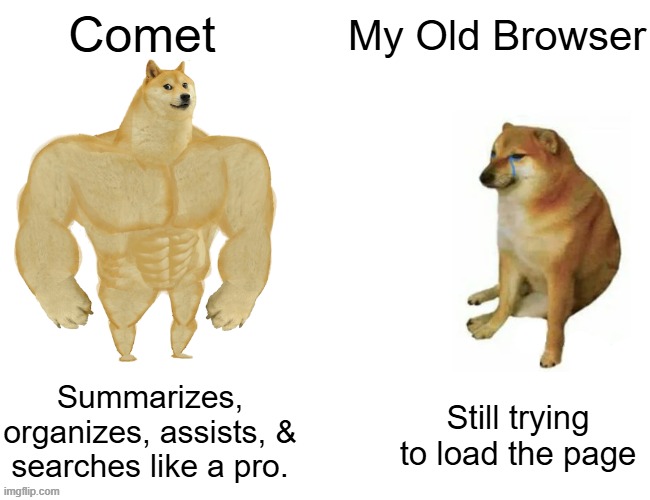 Buff Doge vs. Cheems Meme | Comet; My Old Browser; Summarizes, organizes, assists, & searches like a pro. Still trying to load the page | image tagged in memes,buff doge vs cheems | made w/ Imgflip meme maker
