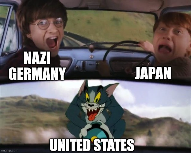 ww2 | JAPAN; NAZI
GERMANY; UNITED STATES | image tagged in tom chasing harry and ron weasly | made w/ Imgflip meme maker