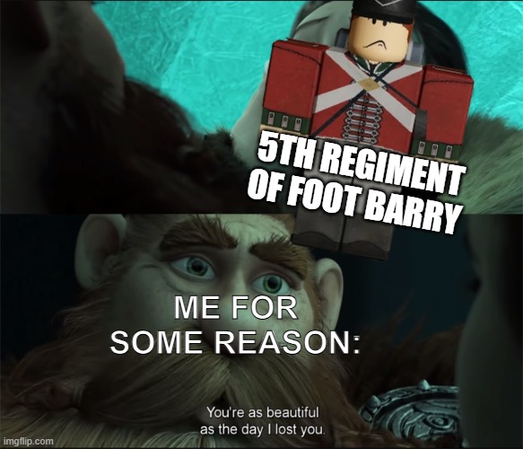 Add caption here | 5TH REGIMENT OF FOOT BARRY; ME FOR SOME REASON: | image tagged in beautiful as the day i lost you v2 | made w/ Imgflip meme maker