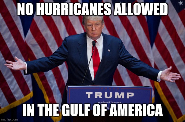 Gulf of Mexico had too many hurricanes | NO HURRICANES ALLOWED; IN THE GULF OF AMERICA | image tagged in donald trump,hurricanes,gulf of america | made w/ Imgflip meme maker