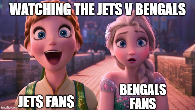jets v bengals Shocks | WATCHING THE JETS V BENGALS; BENGALS FANS; JETS FANS | image tagged in elsa and anna shocked,jets v bengals,new york jets,cincinnati bengals | made w/ Imgflip meme maker