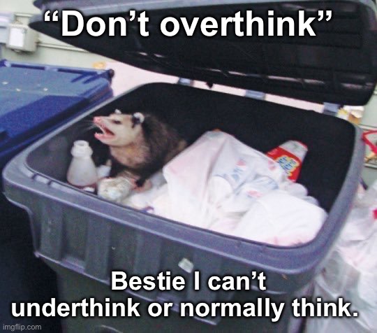 Thought about killin’ myself! *Ding* | “Don’t overthink”; Bestie I can’t underthink or normally think. | image tagged in awesome opossum | made w/ Imgflip meme maker