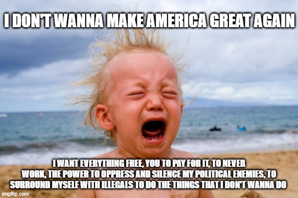 Democrat problems | I DON'T WANNA MAKE AMERICA GREAT AGAIN; I WANT EVERYTHING FREE, YOU TO PAY FOR IT, TO NEVER WORK, THE POWER TO OPPRESS AND SILENCE MY POLITICAL ENEMIES, TO SURROUND MYSELF WITH ILLEGALS TO DO THE THINGS THAT I DON'T WANNA DO | image tagged in scared crying child,democrat problems,democrat war on america,crying democrats,illegals,stop deporting my maids | made w/ Imgflip meme maker