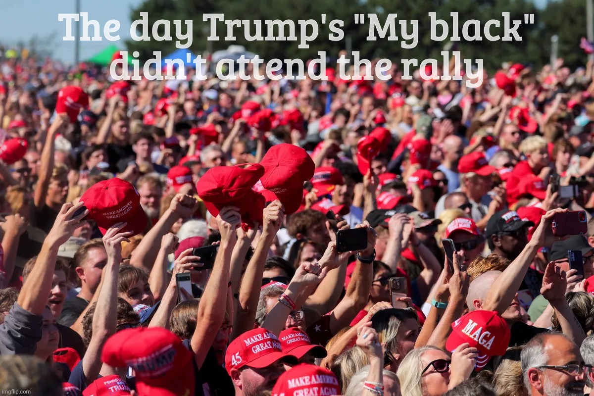 "Where's my black?" | The day Trump's "My black"
didn't attend the rally | image tagged in maga red hat crowd mob trump autocracy authoritarian,where's my black,trump,trump rally,where's waldo,mayo maga | made w/ Imgflip meme maker