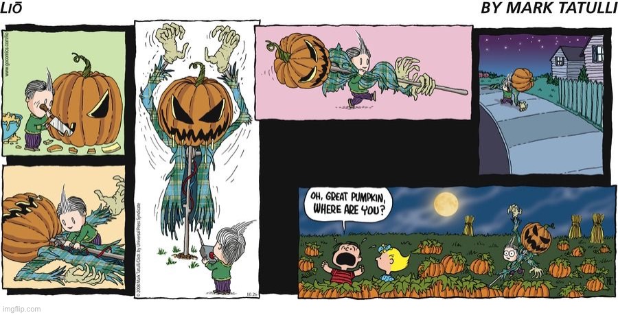 An unexpected meeting… | image tagged in comics,lio,peanuts,the great pumpkin,linus,sally | made w/ Imgflip meme maker