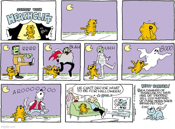 Walk this way… | image tagged in comics,heathcliff,cat,halloween,monsters,walk this way | made w/ Imgflip meme maker