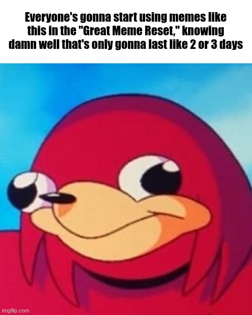 Still, It's fun to go back in time. | Everyone's gonna start using memes like this in the "Great Meme Reset," knowing damn well that's only gonna last like 2 or 3 days | image tagged in ugandan knuckles | made w/ Imgflip meme maker