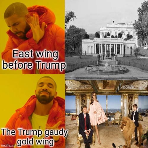 Drake Hotline Bling Meme | East wing before Trump The Trump gaudy 
gold wing | image tagged in memes,drake hotline bling | made w/ Imgflip meme maker