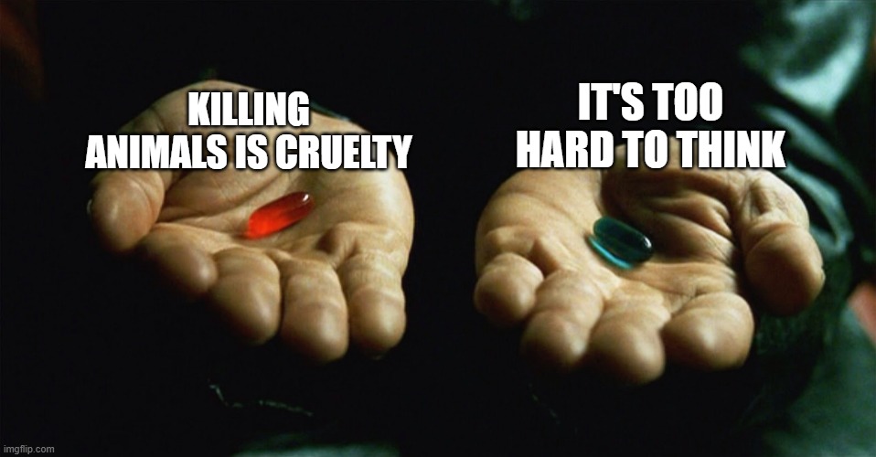 Red pill blue pill | KILLING ANIMALS IS CRUELTY; IT'S TOO HARD TO THINK | image tagged in red pill blue pill | made w/ Imgflip meme maker