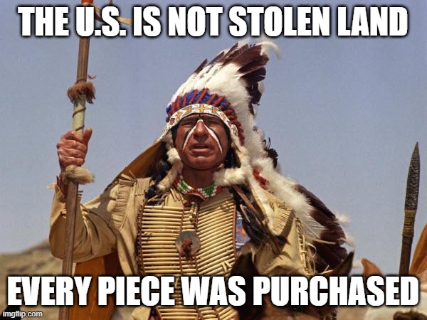 Indian Chief | THE U.S. IS NOT STOLEN LAND EVERY PIECE WAS PURCHASED | image tagged in indian chief | made w/ Imgflip meme maker