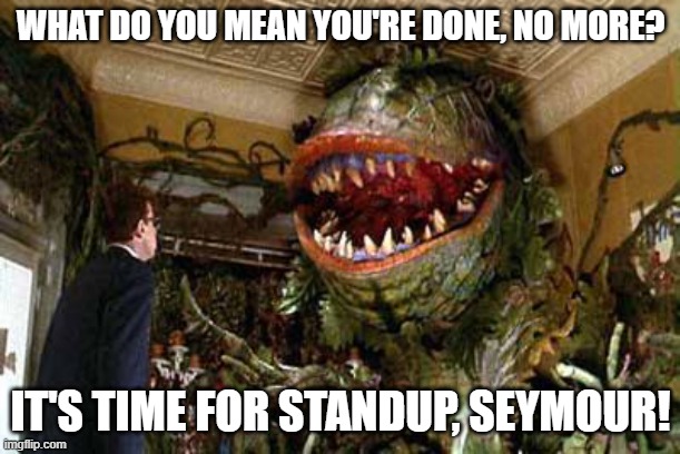 standup horror | WHAT DO YOU MEAN YOU'RE DONE, NO MORE? IT'S TIME FOR STANDUP, SEYMOUR! | image tagged in little shop of horrors,seymour,feed me | made w/ Imgflip meme maker