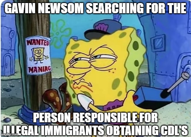 Good ol' Gavin, where would we be without him? Aside from "alive" that is. | GAVIN NEWSOM SEARCHING FOR THE; PERSON RESPONSIBLE FOR ILLEGAL IMMIGRANTS OBTAINING CDL'S | image tagged in spongebob hall monitor,liberal hypocrisy,democrats,leftists | made w/ Imgflip meme maker