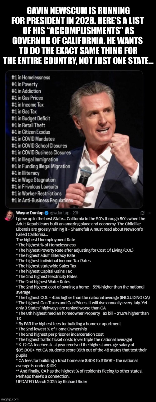 No matter how many bad things he’s done to California leftists will still vote for him… | GAVIN NEWSCUM IS RUNNING FOR PRESIDENT IN 2028. HERE’S A LIST 
OF HIS “ACCOMPLISHMENTS” AS GOVERNOR OF CALIFORNIA. HE WANTS 
TO DO THE EXACT SAME THING FOR THE ENTIRE COUNTRY, NOT JUST ONE STATE… | image tagged in political meme,gavin newsom,california,accomplishments,destruction,scumbag | made w/ Imgflip meme maker