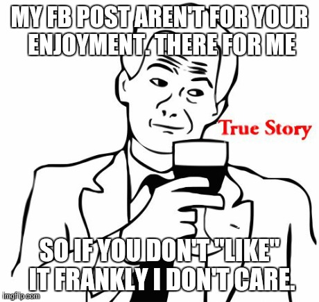 True Story | MY FB POST AREN'T FOR YOUR ENJOYMENT. THERE FOR ME SO IF YOU DON'T "LIKE" IT FRANKLY I DON'T CARE. | image tagged in memes,true story | made w/ Imgflip meme maker