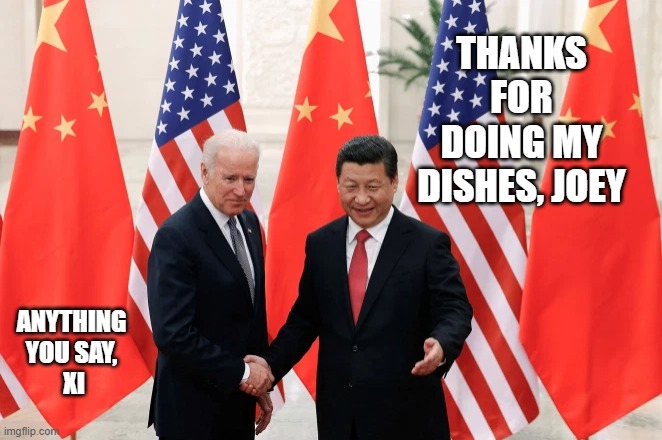 Joe Biden and President Xi of China | THANKS FOR DOING MY DISHES, JOEY ANYTHING YOU SAY,
 XI | image tagged in joe biden and president xi of china | made w/ Imgflip meme maker