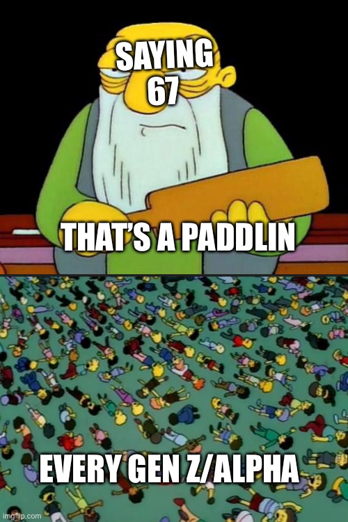 Saying 67 is bad | SAYING 67; THAT’S A PADDLIN; EVERY GEN Z/ALPHA | image tagged in 67,6767,67676767676767 | made w/ Imgflip meme maker