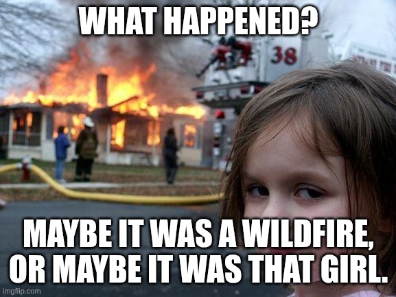 Disaster Girl | WHAT HAPPENED? MAYBE IT WAS A WILDFIRE, OR MAYBE IT WAS THAT GIRL. | image tagged in memes,disaster girl | made w/ Imgflip meme maker