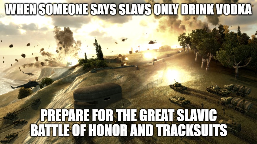 World in Conflict | WHEN SOMEONE SAYS SLAVS ONLY DRINK VODKA; PREPARE FOR THE GREAT SLAVIC BATTLE OF HONOR AND TRACKSUITS | image tagged in world in conflict,slavic lives matter,slavic battle | made w/ Imgflip meme maker