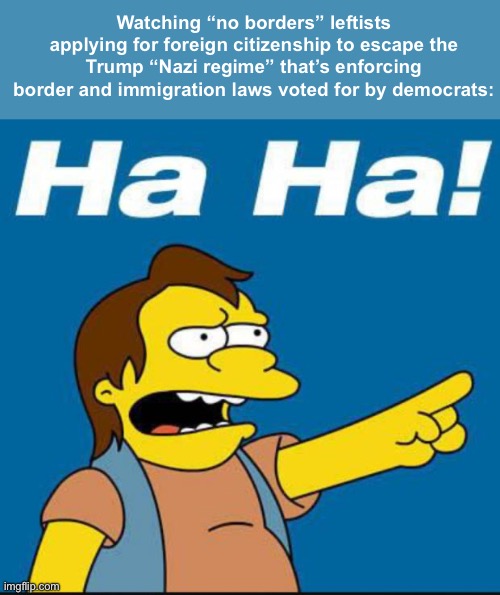 Irony | Watching “no borders” leftists applying for foreign citizenship to escape the Trump “Nazi regime” that’s enforcing border and immigration laws voted for by democrats: | image tagged in nelson laugh old,politics lol,memes,derp | made w/ Imgflip meme maker