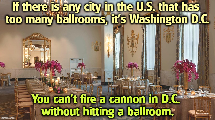 If there is any city in the U.S. that has 
too many ballrooms, it's Washington D.C. You can't fire a cannon in D.C. 
without hitting a ballroom. | image tagged in trump,washington dc,ballrooms,white house,demolition | made w/ Imgflip meme maker