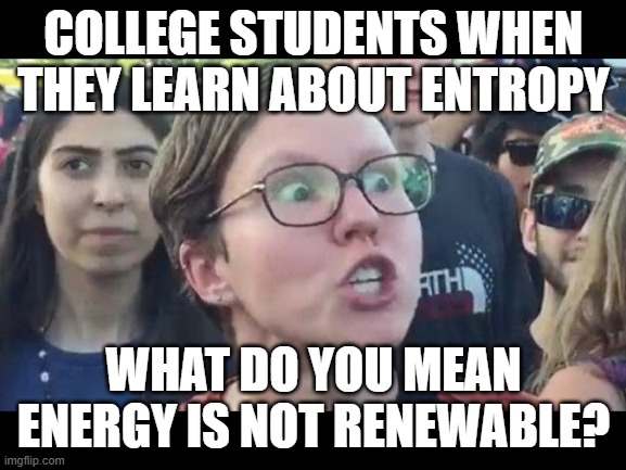 Angry sjw | COLLEGE STUDENTS WHEN THEY LEARN ABOUT ENTROPY; WHAT DO YOU MEAN ENERGY IS NOT RENEWABLE? | image tagged in angry sjw | made w/ Imgflip meme maker