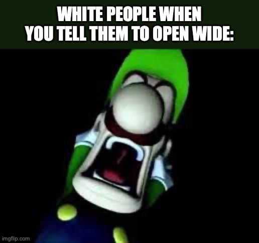 funnier in my head | WHITE PEOPLE WHEN YOU TELL THEM TO OPEN WIDE: | image tagged in luigi screaming | made w/ Imgflip meme maker