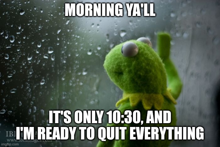 WHY CAN I NOT FOCUS RN?! | MORNING YA'LL; IT'S ONLY 10:30, AND I'M READY TO QUIT EVERYTHING | image tagged in kermit window | made w/ Imgflip meme maker