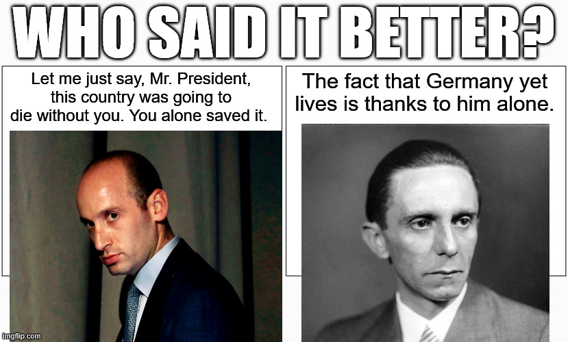 Blank Comic Panel 2x1 Meme | WHO SAID IT BETTER? Let me just say, Mr. President, this country was going to die without you. You alone saved it. The fact that Germany yet lives is thanks to him alone. | image tagged in memes,blank comic panel 2x1 | made w/ Imgflip meme maker