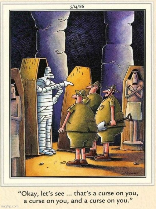 He’s always cursing… | image tagged in the far side,comics,mummy,cursing,tomb | made w/ Imgflip meme maker